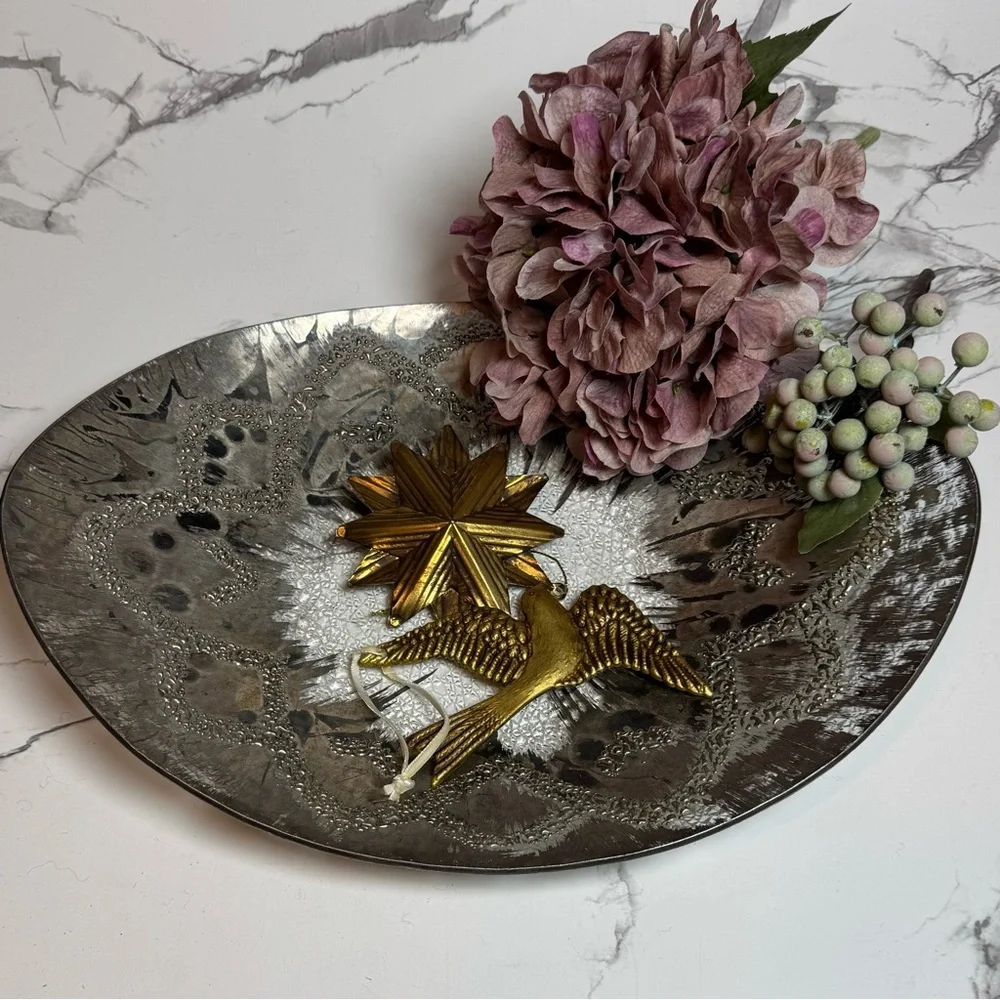 Pier 1 Oval Silver Mercury glass style textured scoop platter bowl